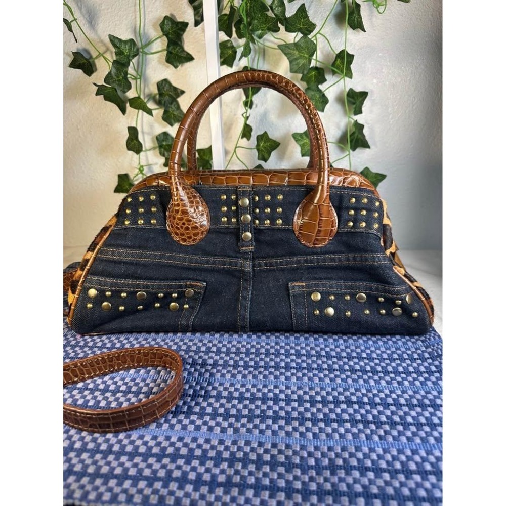 Clever Carriage Company Denim Studded Leopard-Print Cowhair Dr. Satchel - Picture 3 of 7